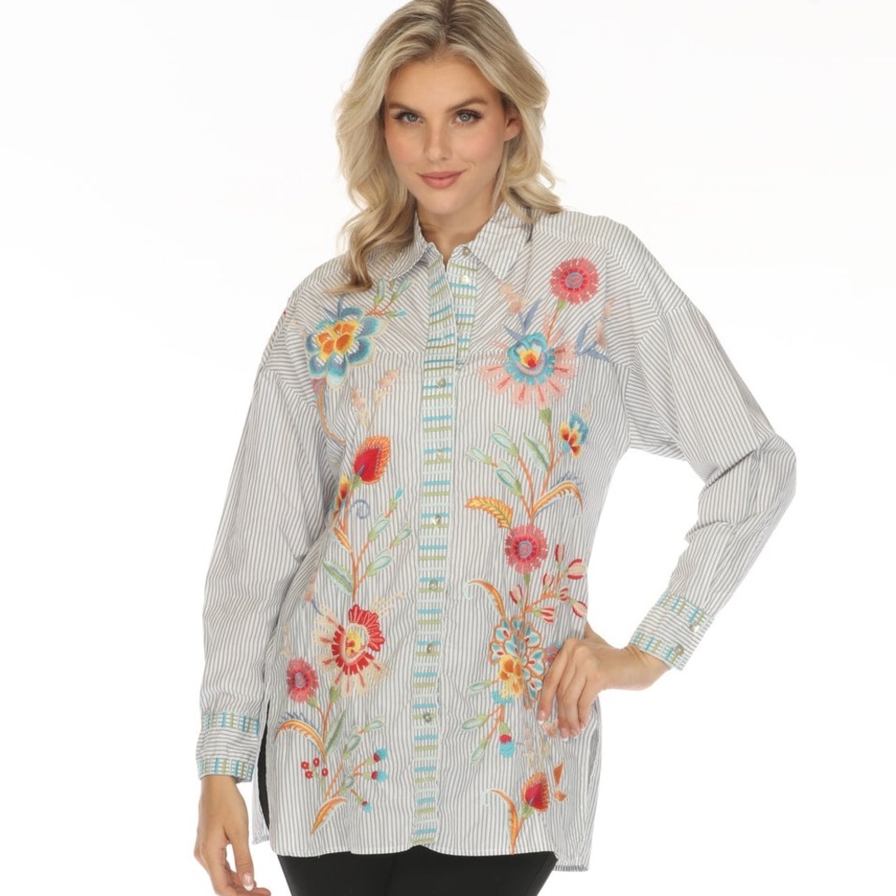 Johnny Was Workshop Stripe Joele Bias Yoke Shirt Tunic Top